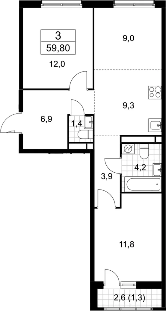 Планировка: Евротрёшка 58,5 м² в ЖК «Родные кварталы»