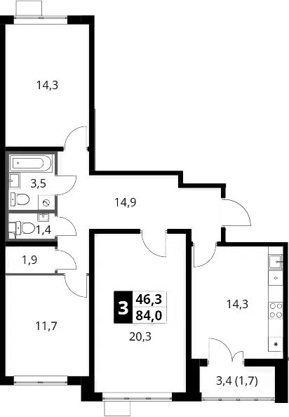 Планировка: 3-комнатная квартира 82,3 м² в ЖК «1-й Южный»