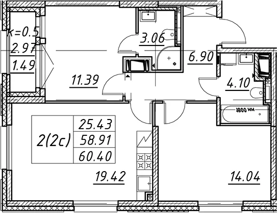 Планировка: Евротрёшка 58,9 м² в ЖК «Цивилизация на Неве»