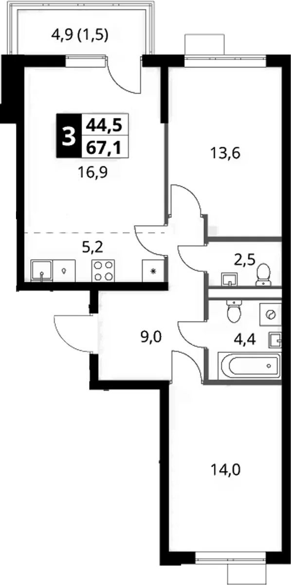 Планировка: Евротрёшка 65,6 м² в ЖК «1-й Ясеневский»
