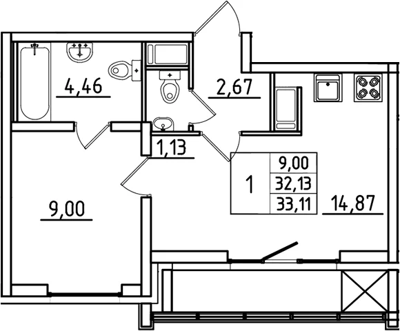 Планировка: 1-комнатная квартира 32,1 м² в ЖК «Южный Форт»