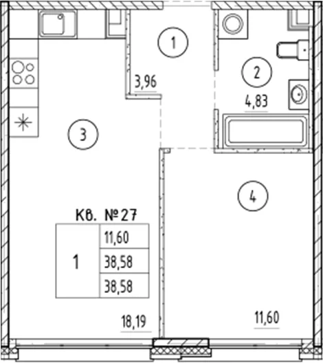 Планировка: 1-комнатная квартира 38,6 м² в ЖК «Плюс Пулковский»