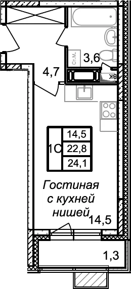 Планировка: Студия 22,8 м² в ЖК «Квартал Светлый»