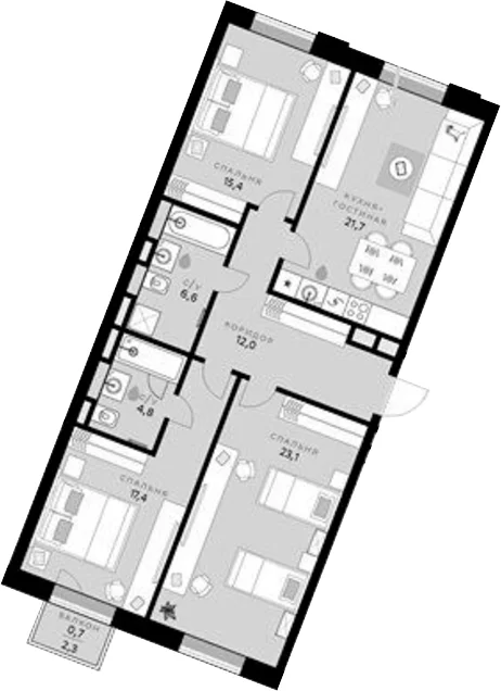 Планировка: 3-комнатная квартира 101 м² в ЖК «СберСити»