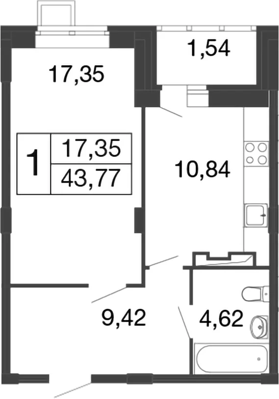 Планировка: 1-комнатная квартира 42,2 м² в ЖК «Времена года»