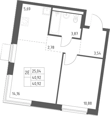 Планировка: Евродвушка 40,9 м² в ЖК «Квартал Западный»