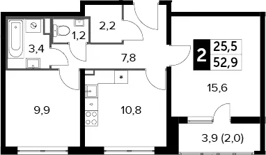 Планировка: 2-комнатная квартира 50,9 м² в ЖК «Южная Битца»