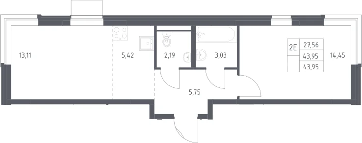 Планировка: Евродвушка 44 м² в ЖК «Квартал Западный»