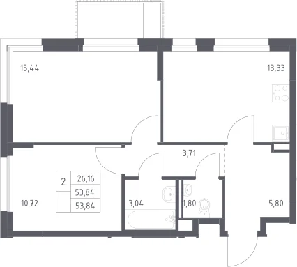 Планировка: 2-комнатная квартира 53,8 м² в ЖК «Прибрежный Парк»