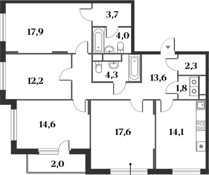 Планировка: 4-комнатная квартира 106,1 м² в ЖК «Миниполис 8 Кленов»