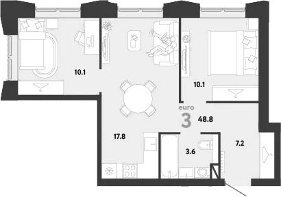 Планировка: Евротрёшка 48,8 м² в ЖК «Страна.Заречная»
