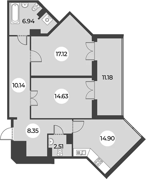 Планировка: 2-комнатная квартира 74,6 м² в ЖК «Огни Залива»