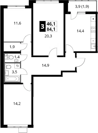Планировка: 3-комнатная квартира 82,2 м² в ЖК «1-й Южный»