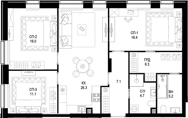 Планировка: 3-комнатная квартира 93,1 м² в ЖК Трилогия «Кристалл»