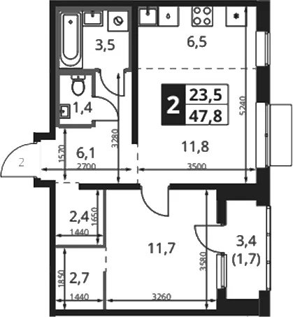 Планировка: Евродвушка 47,2 м² в ЖК «1-й Ясеневский»