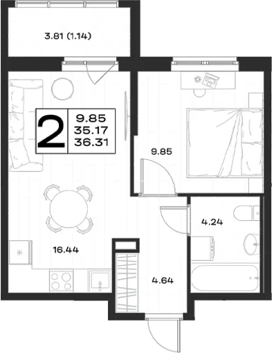 Планировка: Евродвушка 35,2 м² в ЖК «Имена»