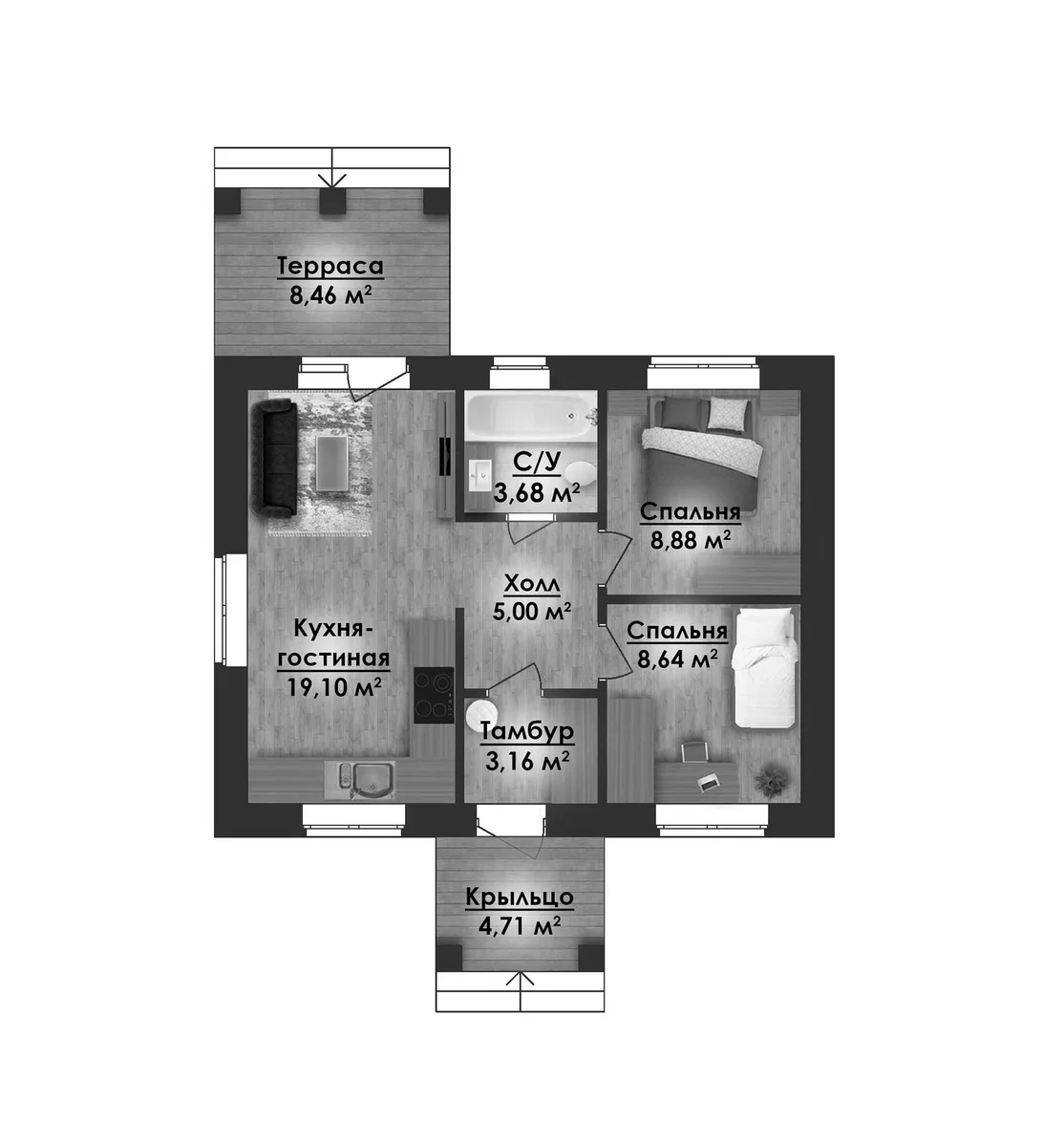 Планировка: Коттедж 47,5 м² в ЖК «Коттеджный поселок ВамДом Пятница»