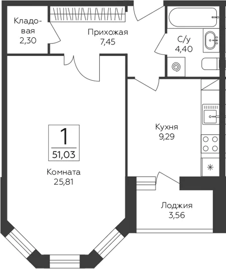 Планировка: 1-комнатная квартира 49,3 м² в ЖК «Пахра Сити»