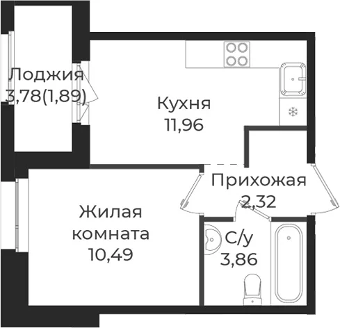 Планировка: 1-комнатная квартира 28,6 м² в ЖК «Новатория»