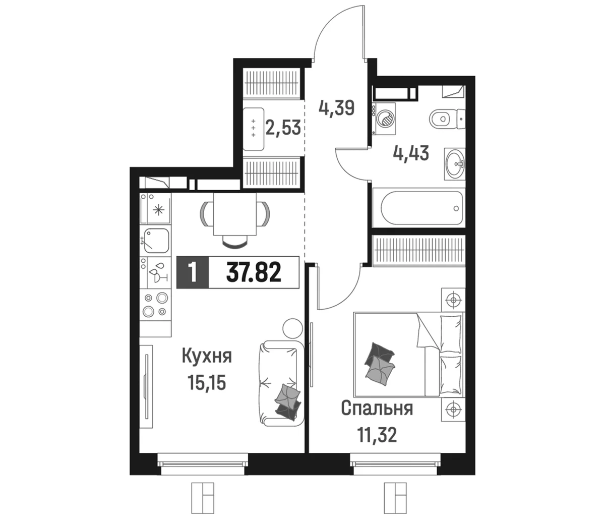 Планировка: Евродвушка 37,8 м² в ЖК «Максималист»
