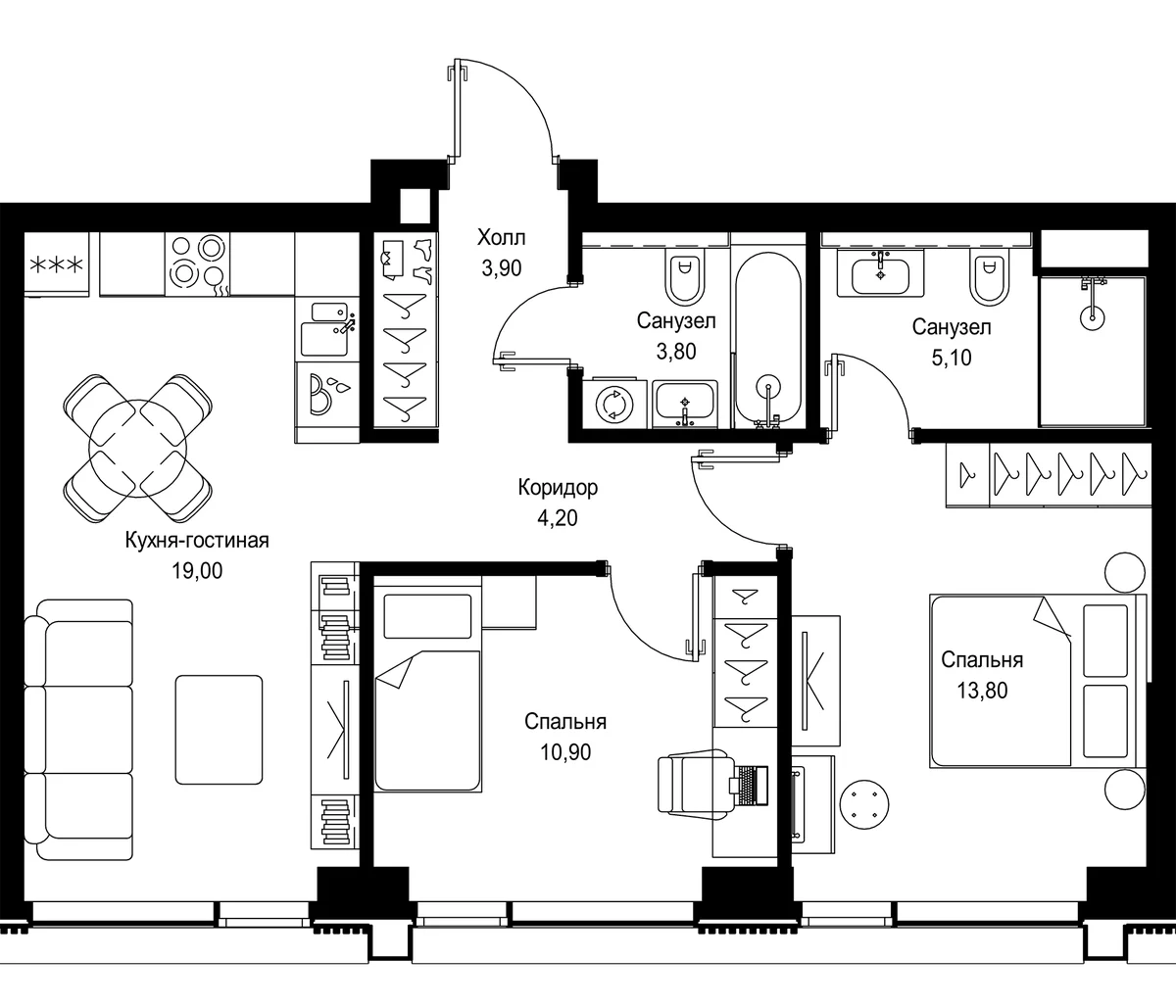 Планировка: Евротрёшка 60,7 м² в ЖК «СИТИДЗЕН»
