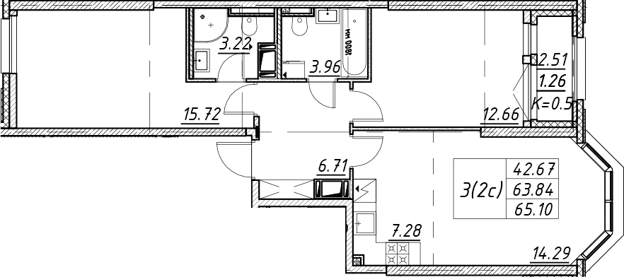 Планировка: Евротрёшка 63,8 м² в ЖК «Цивилизация на Неве»