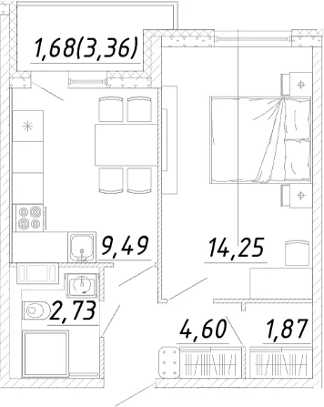 Планировка: 1-комнатная квартира 32,9 м² в ЖК «Догма Юкки»