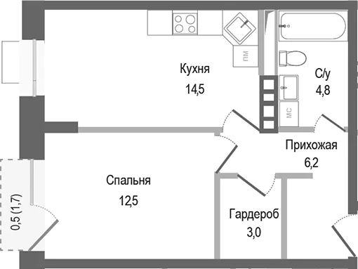 Планировка: 1-комнатная квартира 41 м² в ЖК «Киноквартал»