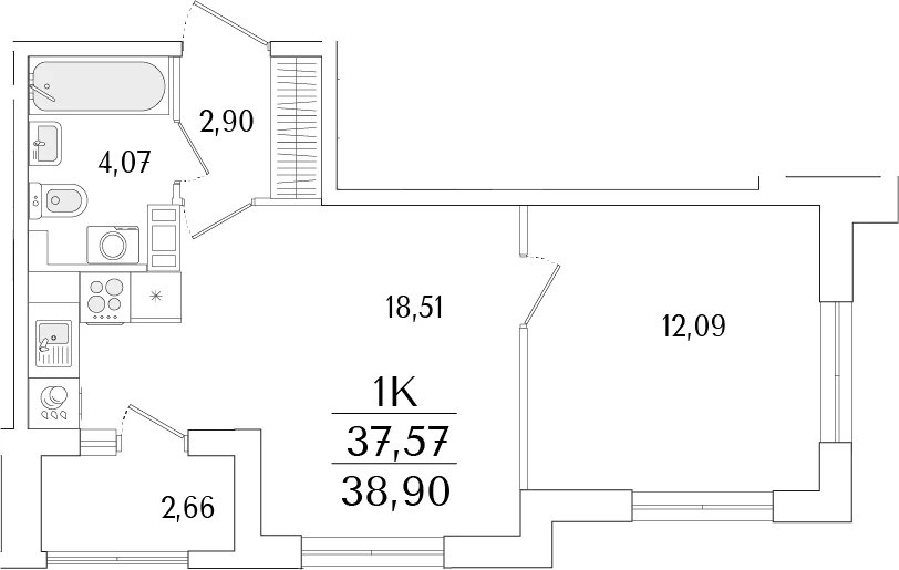 Планировка: Евродвушка 37,6 м² в ЖК «Гранат»