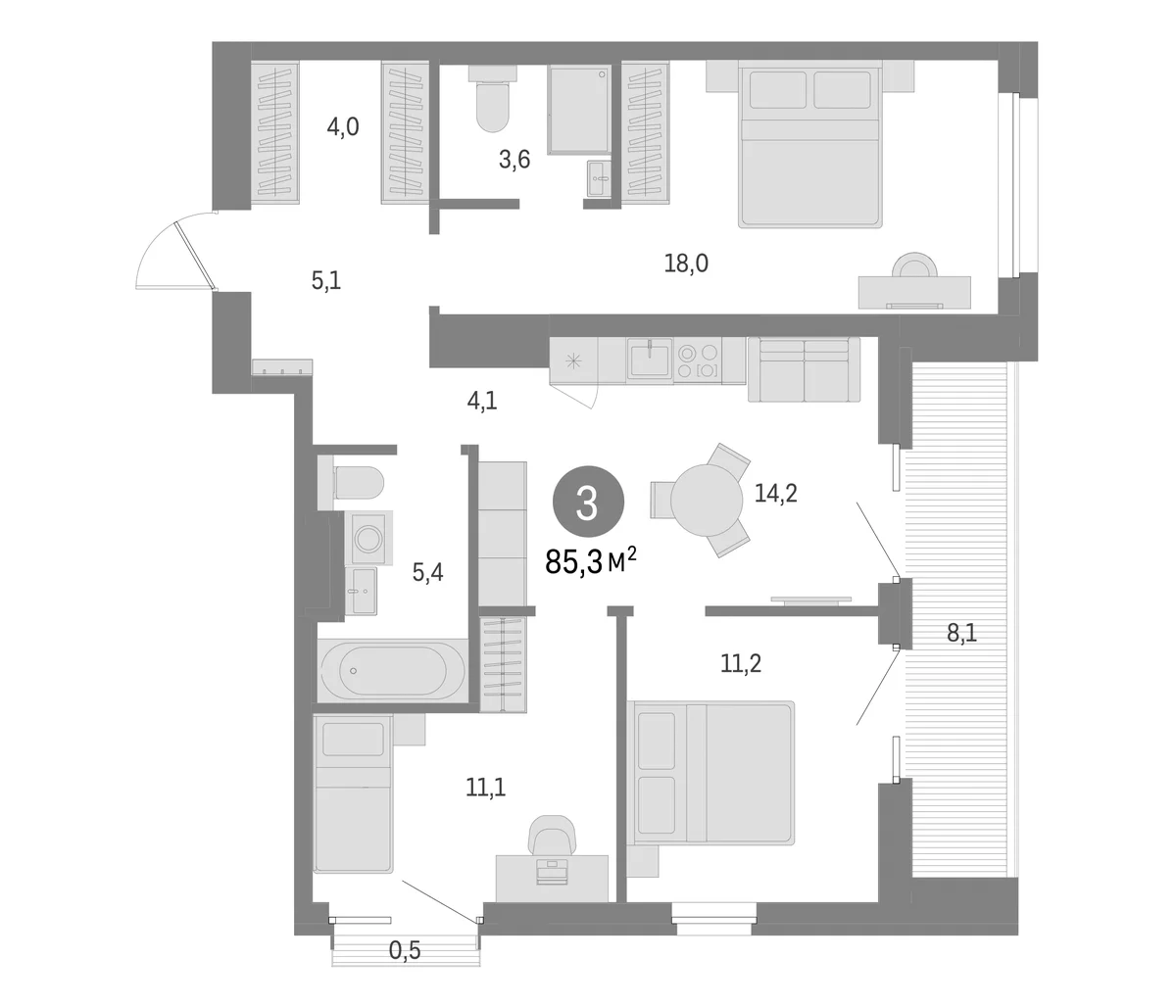 Планировка: 3-комнатная квартира 76,7 м² в ЖК «Северный ветер»