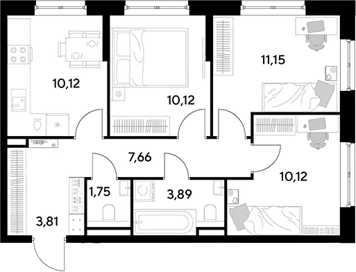 Планировка: 3-комнатная квартира 58,6 м² в ЖК «Космопарк»