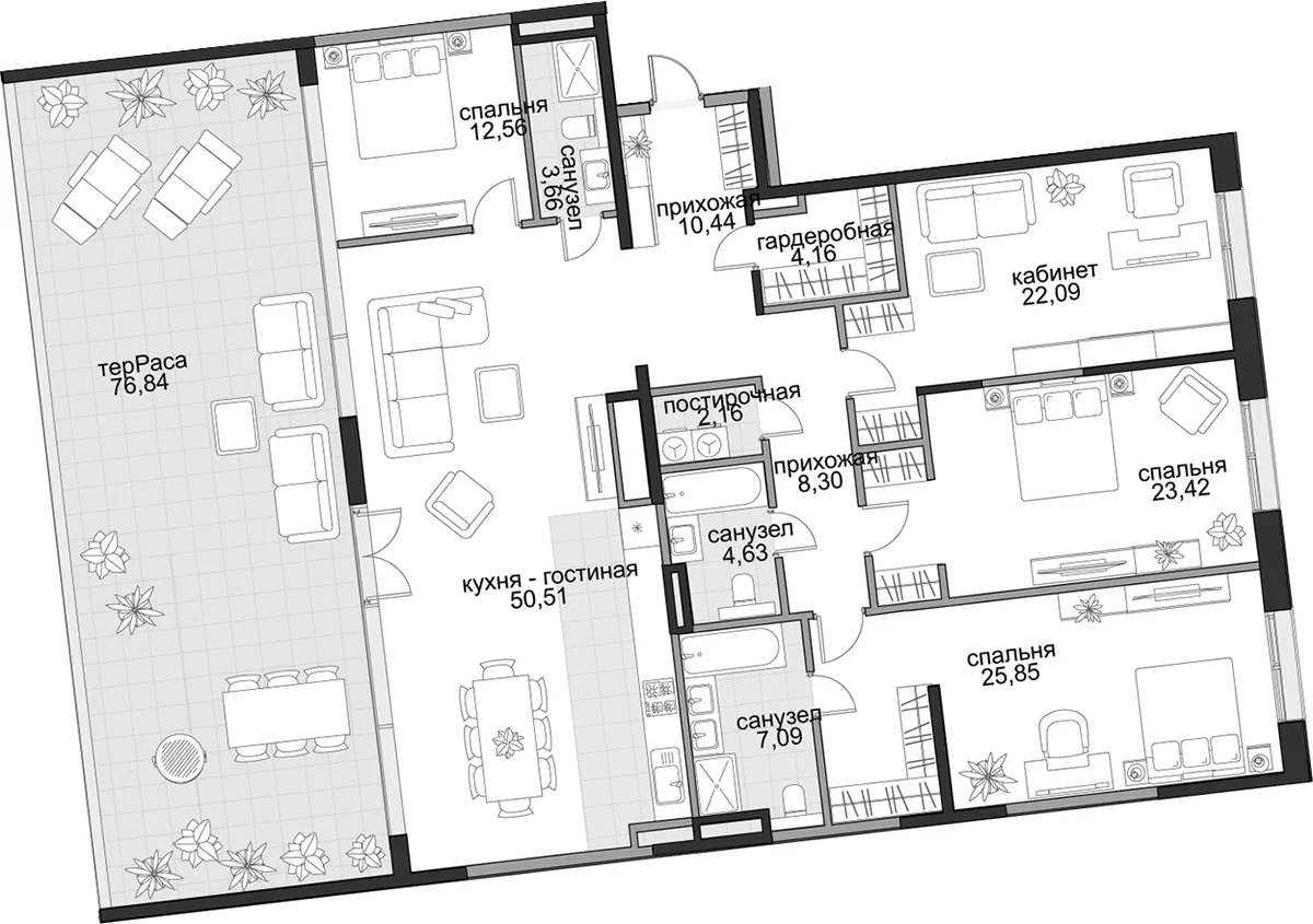 Планировка: Квартира евро-5 174,9 м² в ЖК «Садовническая, 69»
