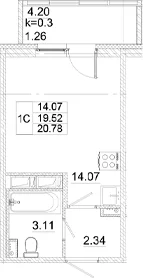 Планировка: Студия 19,5 м² в ЖК «Аэросити»
