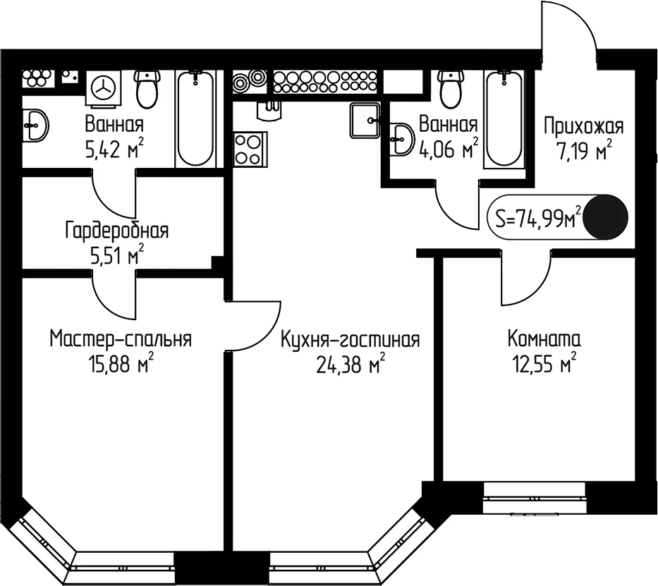 Планировка: 2-комнатная квартира 75 м² в ЖК «Мечта-квартал Любовь»