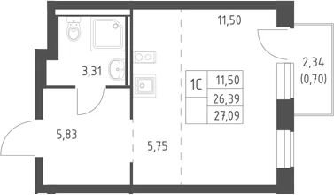 Планировка: Студия 26,4 м² в ЖК «Горки Парк»