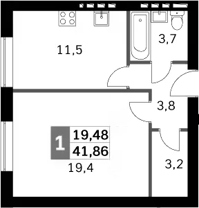 Планировка: 1-комнатная квартира 40,6 м² в ЖК «Парк Апрель»