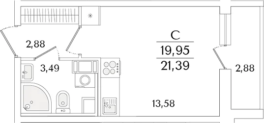 Планировка: Студия 20 м² в ЖК «Кинопарк»