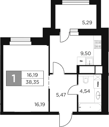 Планировка: 1-комнатная квартира 35,7 м² в ЖК «Восток 2»