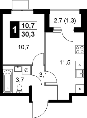 Планировка: 1-комнатная квартира 29 м² в ЖК «1-й Измайловский»