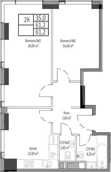 Планировка: 2-комнатная квартира 61,2 м² в ЖК «Мираполис»