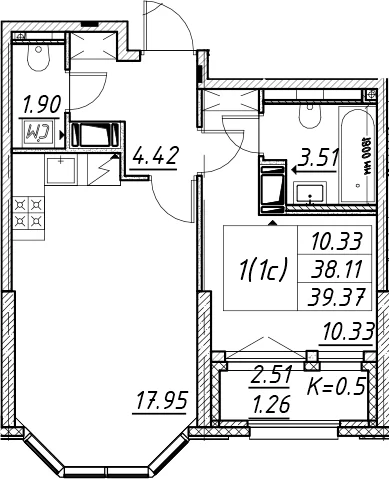 Планировка: Евродвушка 38,1 м² в ЖК «Цивилизация на Неве»