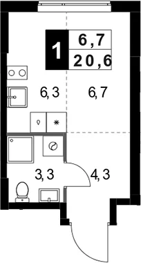 Планировка: Студия 20,6 м² в ЖК «1-й Измайловский»