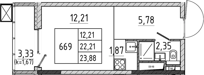Планировка: Студия 22,2 м² в ЖК «Поварово-Молодежный-2»
