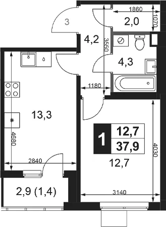 Планировка: 1-комнатная квартира 36,5 м² в ЖК «1-й Ясеневский»