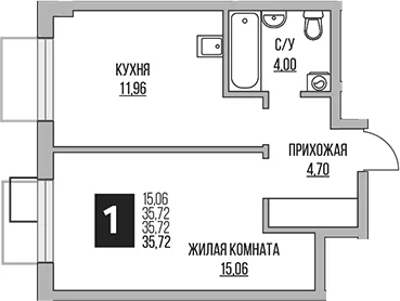 Планировка: 1-комнатная квартира 35,7 м² в ЖК «Гранель Притяжение Сити»