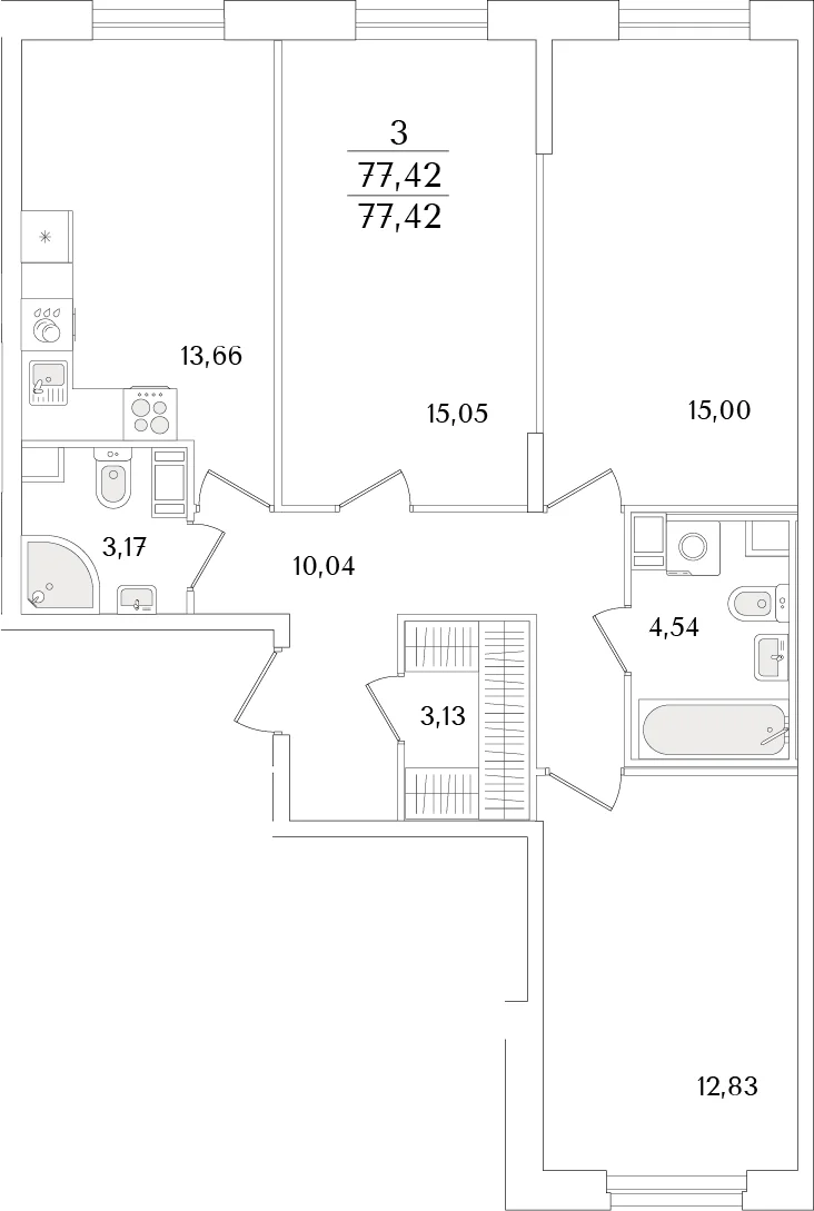 Планировка: 3-комнатная квартира 77,4 м² в ЖК «Кинопарк»