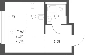 Планировка: Студия 25,9 м² в ЖК «Большое Юрлово»