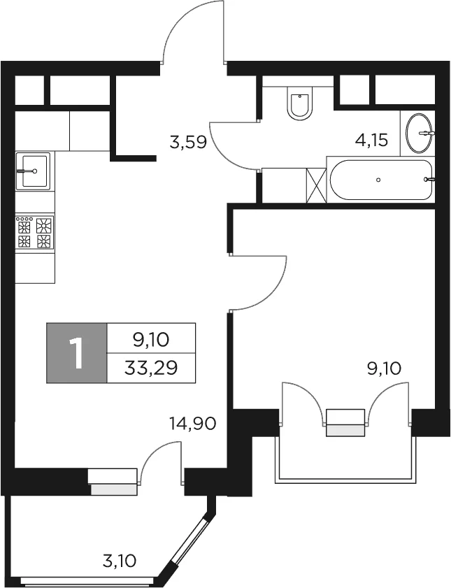 Планировка: 1-комнатная квартира 31,7 м² в ЖК «Восток 2»