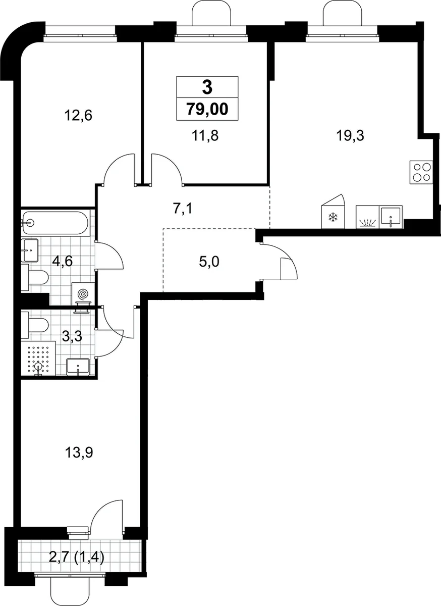 Планировка: Квартира евро-4 77,6 м² в ЖК «Прокшино»