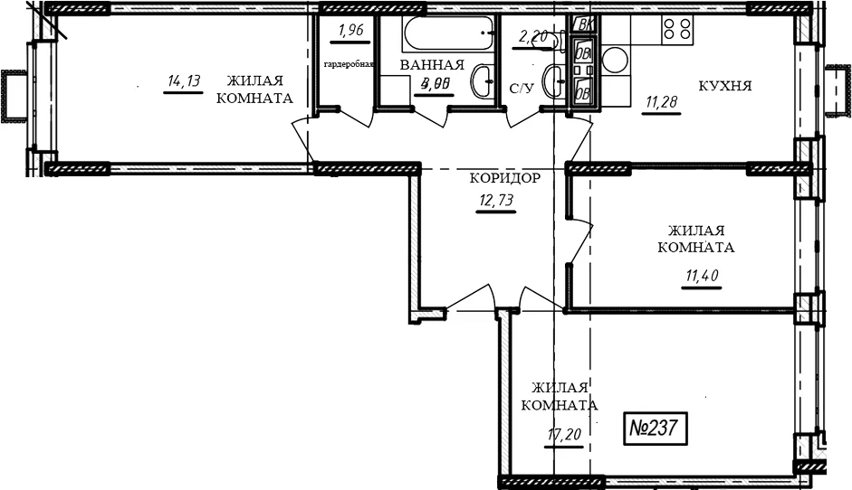 Планировка: 3-комнатная квартира 74,8 м² в ЖК «Краснофлотский»